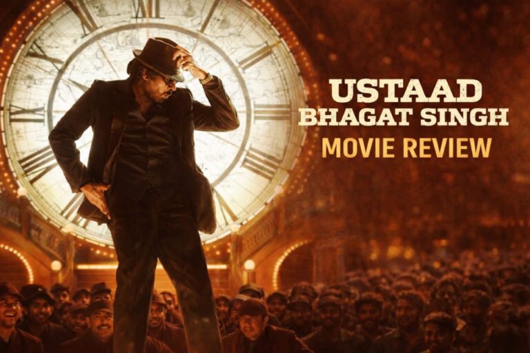 Ustaad Bhagat Singh movie review poster Pawan Kalyan stylish pose with clock background