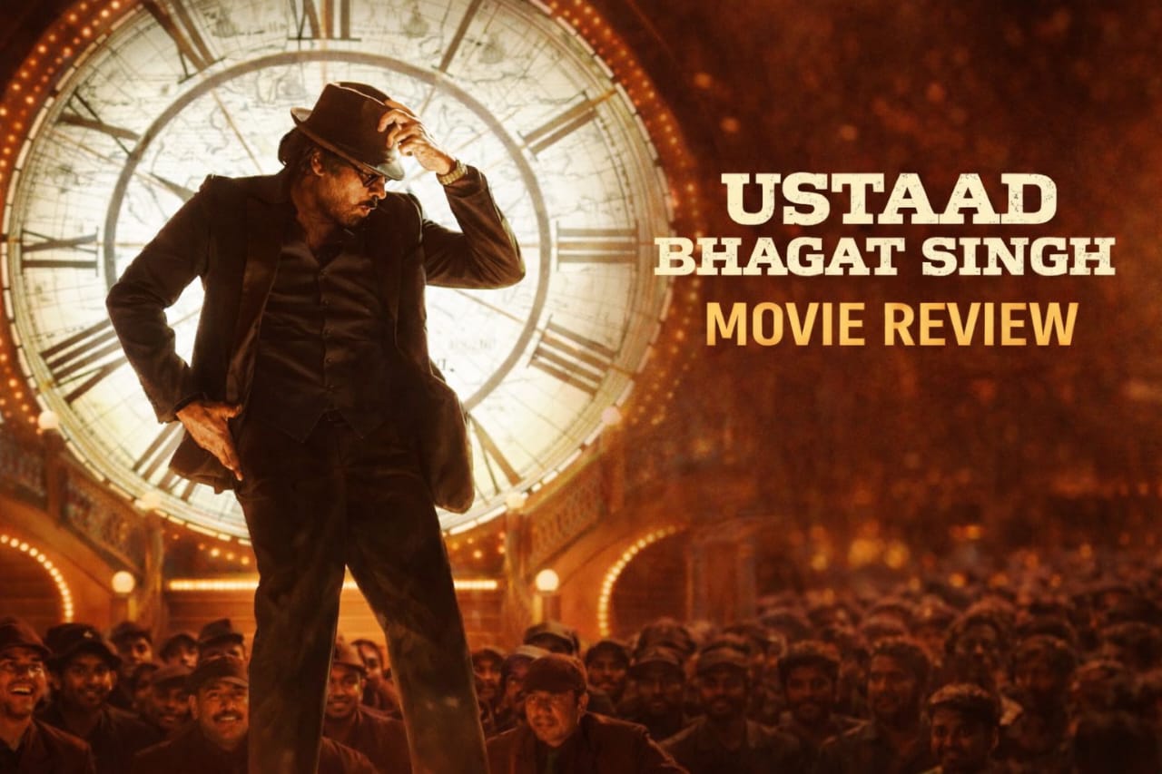 Ustaad Bhagat Singh movie review poster Pawan Kalyan stylish pose with clock background