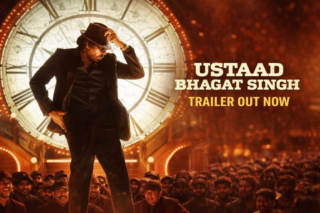 Pawan Kalyan dance scene with crowd in Ustaad Bhagat Singh movie poster
