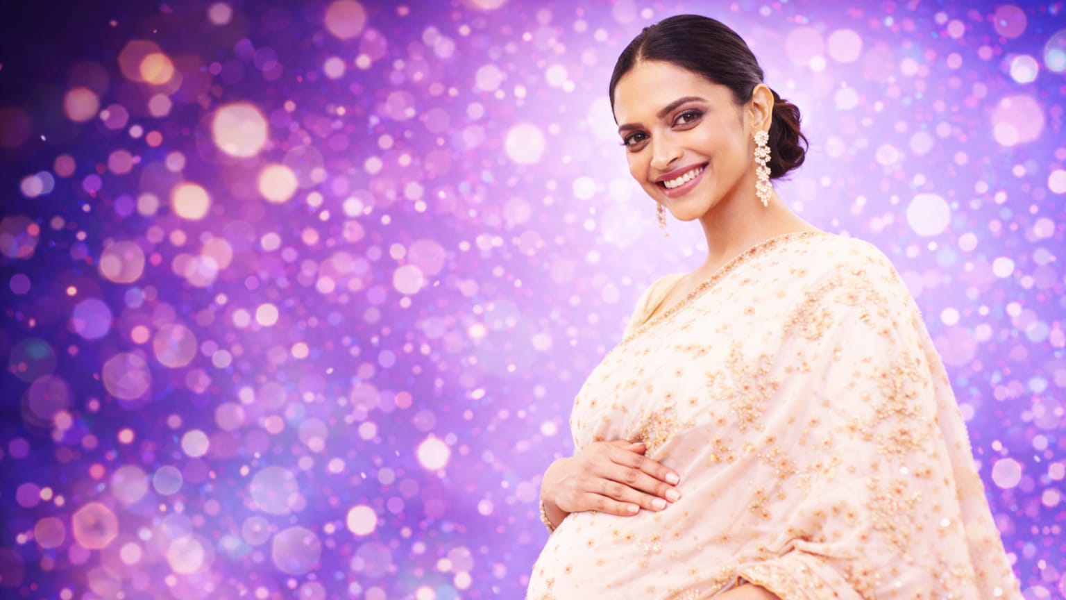 Deepika Padukone pregnancy pose in saree with studio background and soft lighting