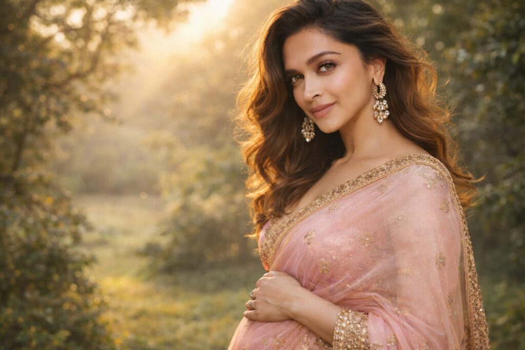 Deepika Padukone pregnancy look in saree with soft glow and outdoor nature background

