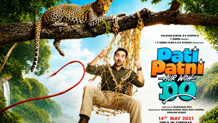 Pati Patni Aur Woh 2 jungle comedy movie poster featuring Ayushmann Khurrana with leopard scene”