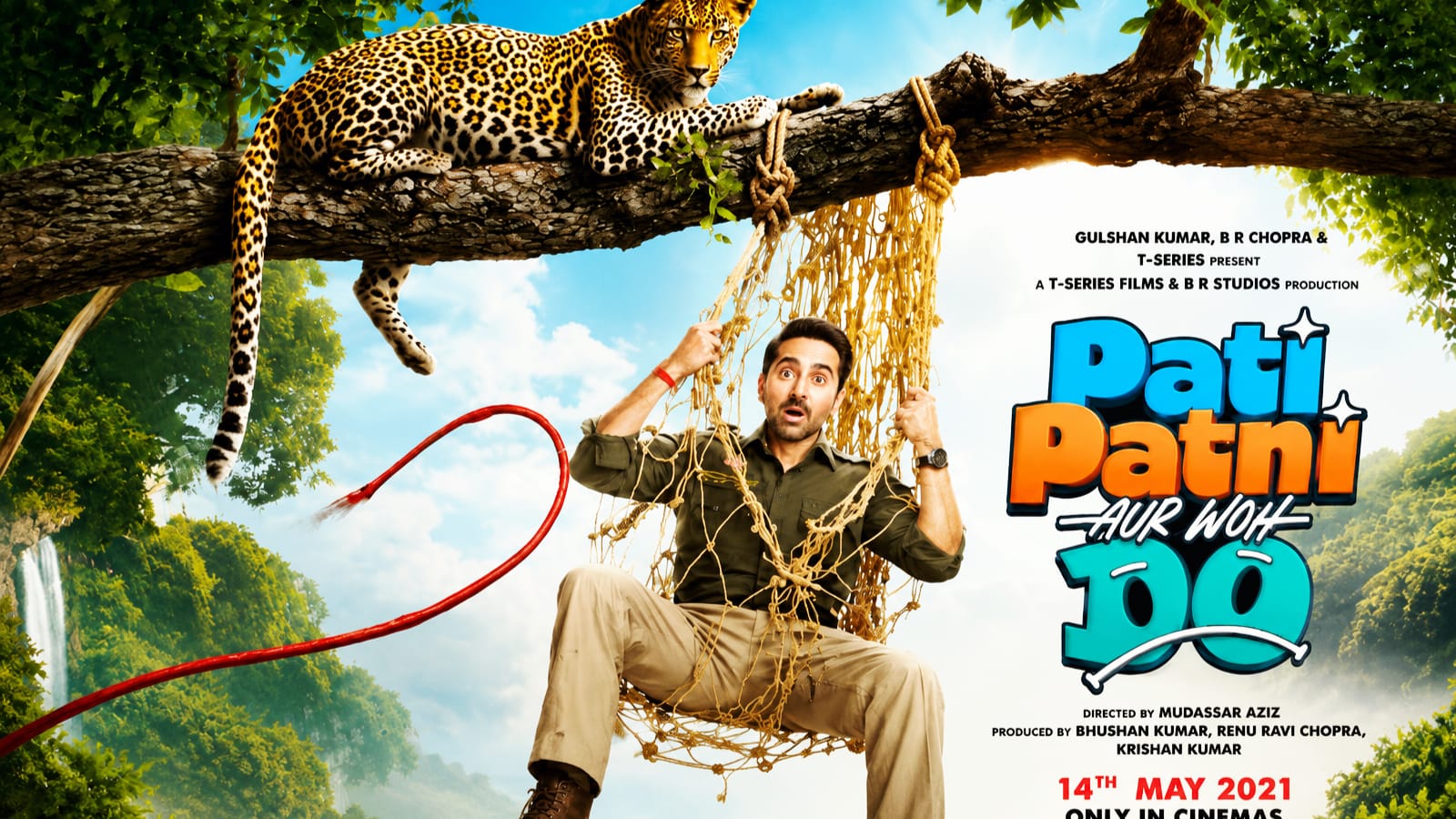 Pati Patni Aur Woh 2 jungle comedy movie poster featuring Ayushmann Khurrana with leopard scene”