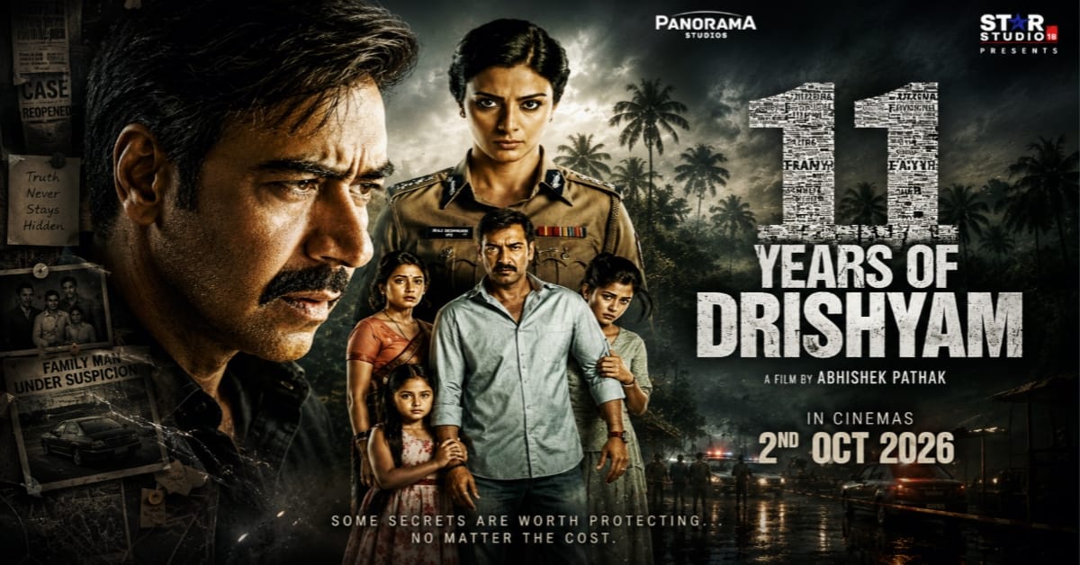 11 Years of Drishyam 3 poster featuring Ajay Devgn, Tabu and the Salgaonkar family