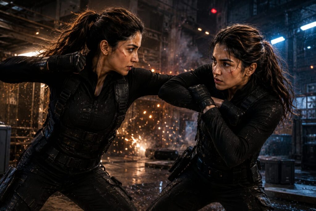 Alia Bhatt and Sharvari intense hand-to-hand action fight scene in Alpha movie inspired image.