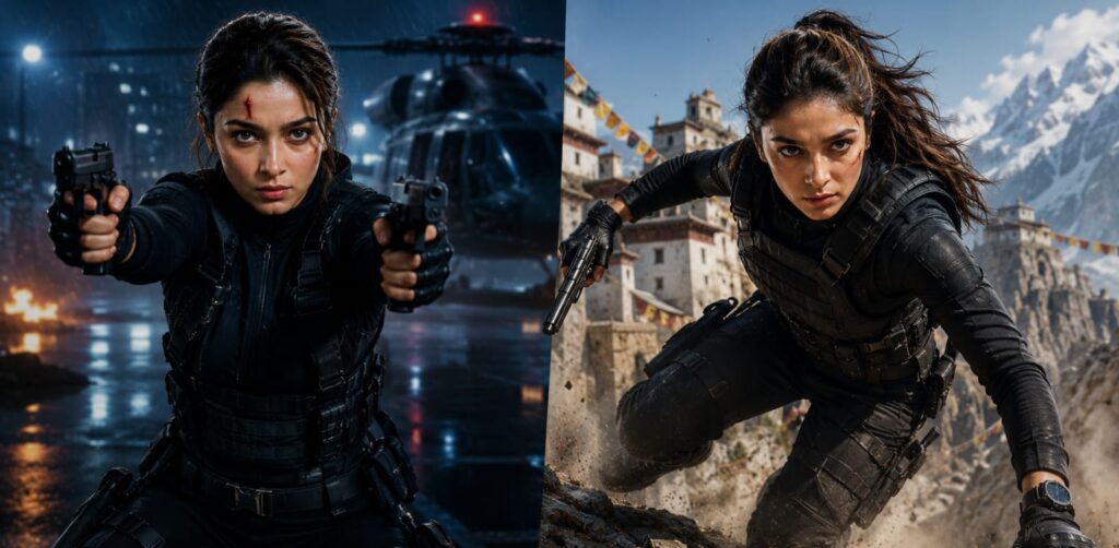 Alia Bhatt and Sharvari action scenes in different locations from Alpha movie inspired spy mission image.
