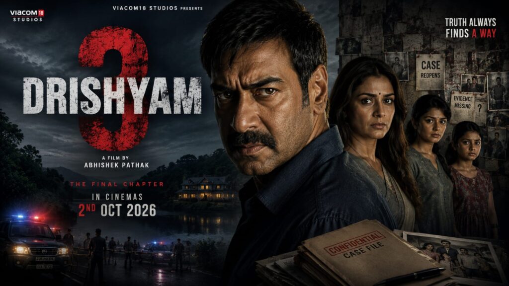  Ajay Devgn as Vijay Salgaonkar in Drishyam 3 first look poster with suspense thriller backgrou