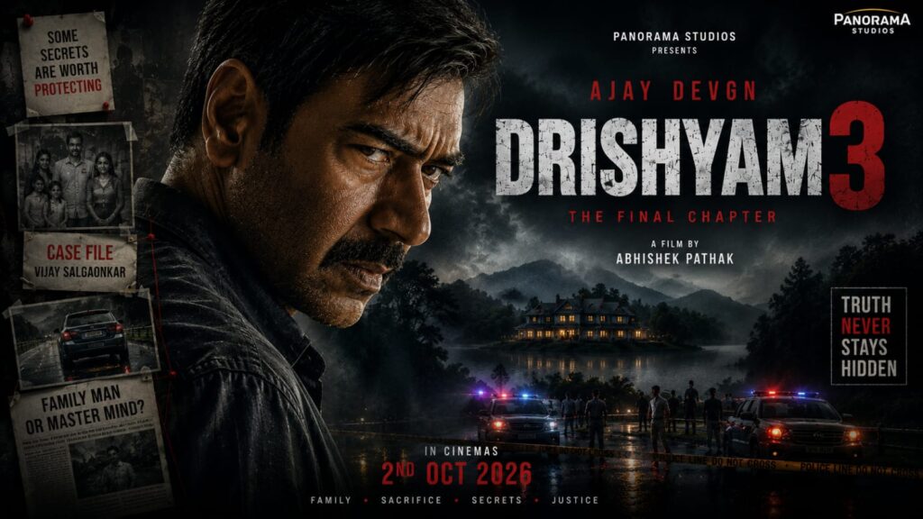 Ajay Devgn as Vijay Salgaonkar in Drishyam 3 solo cinematic poster with police investigation background

