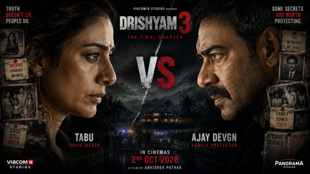 Ajay Devgn face off in Drishyam 3 cinematic poster featuring suspense and investigation theme
