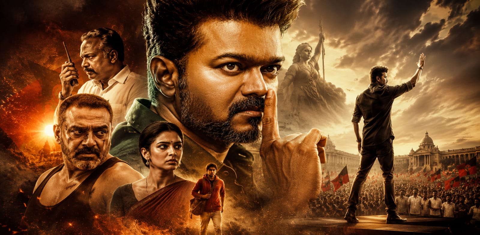 ijay with intense fire background and key characters in Jana Nayagan action thriller poster