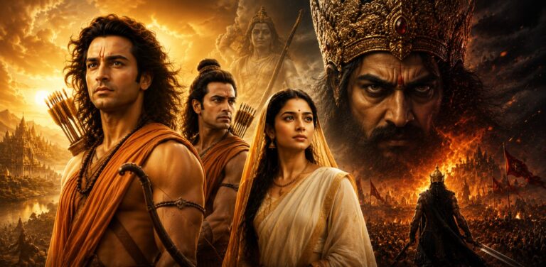 Ramayana movie artwork featuring Lord Ram, Lakshman, Sita and Ravana in an epic mythological battle scene