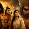 Ramayana movie artwork featuring Lord Ram, Lakshman, Sita and Ravana in an epic mythological battle scene