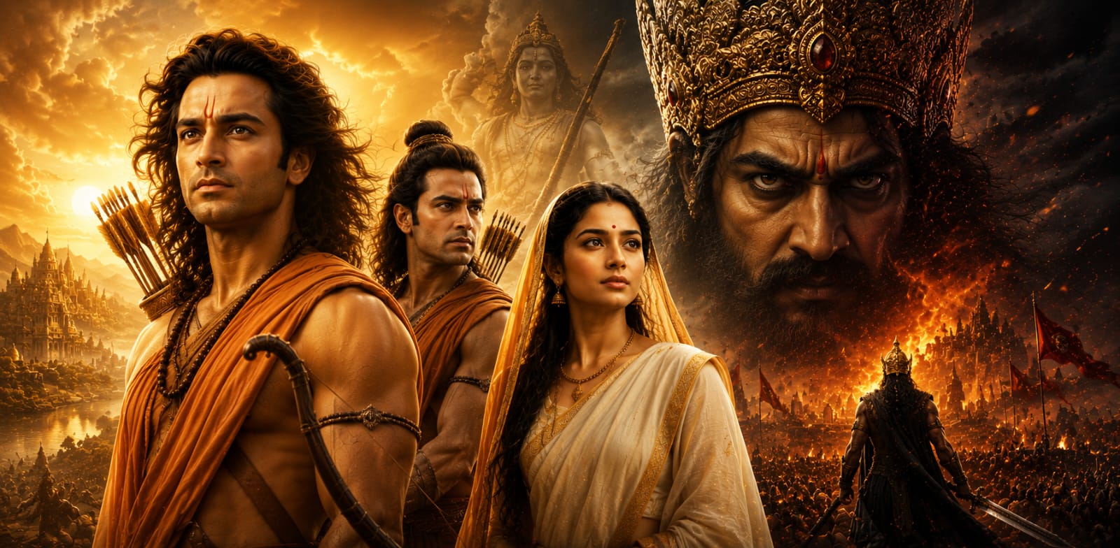 Ramayana movie artwork featuring Lord Ram, Lakshman, Sita and Ravana in an epic mythological battle scene