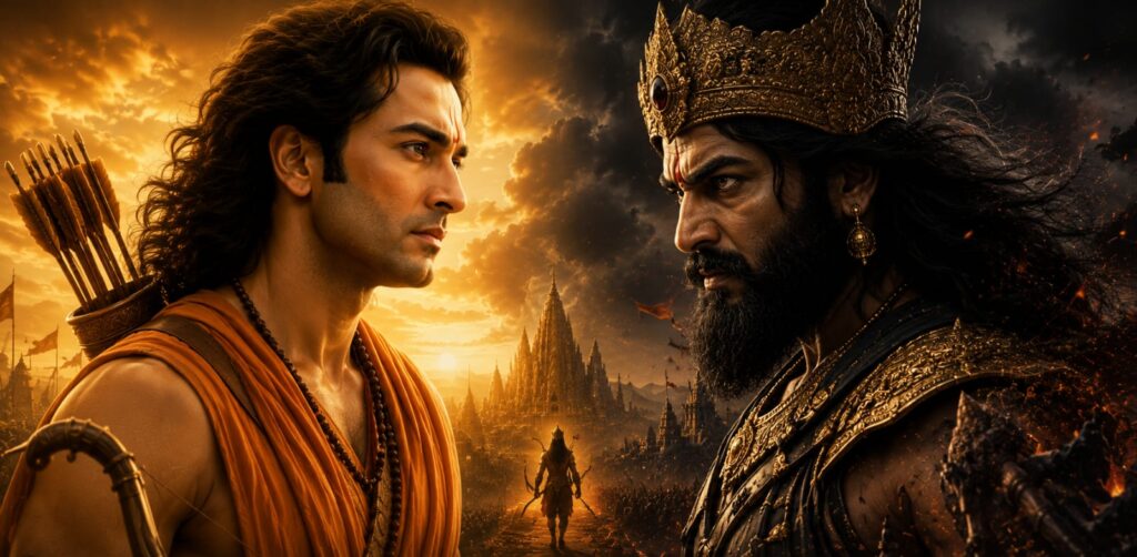 Epic Ramayana face off between Ranbir Kapoor as Lord Ram and Yash as Ravana in a cinematic artwork
