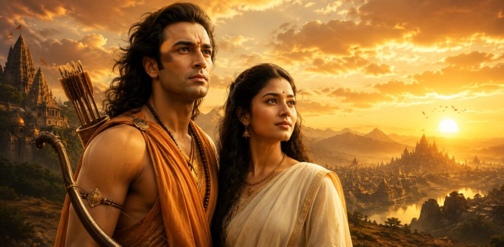 Ramayana movie featuring Ranbir Kapoor as Lord Ram and Sai Pallavi as Sita in a cinematic mythological scene