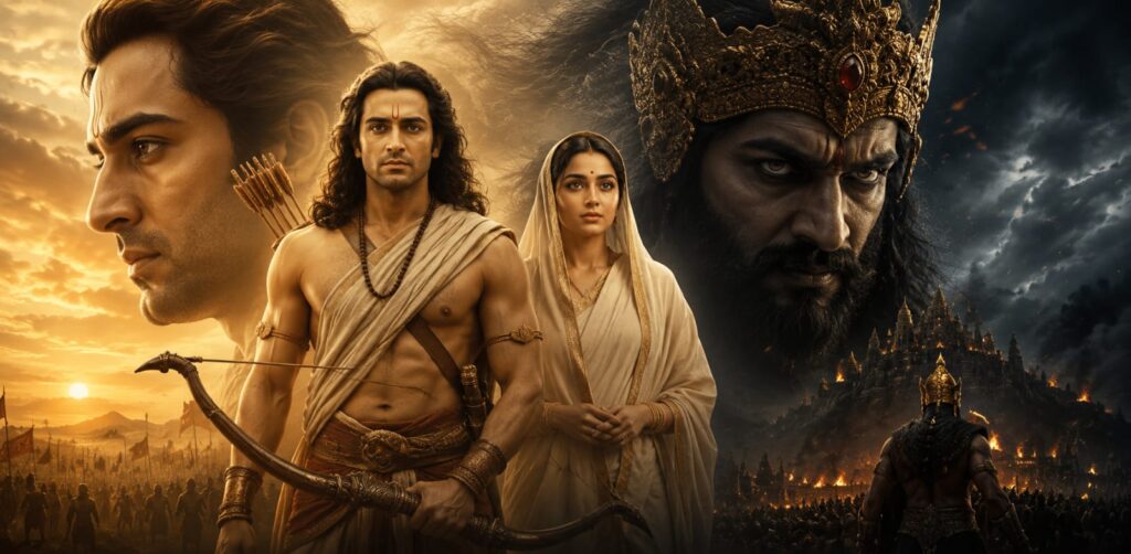Epic Ramayana face off between Ranbir Kapoor as Lord Ram and Yash as Ravana in a cinematic artwork