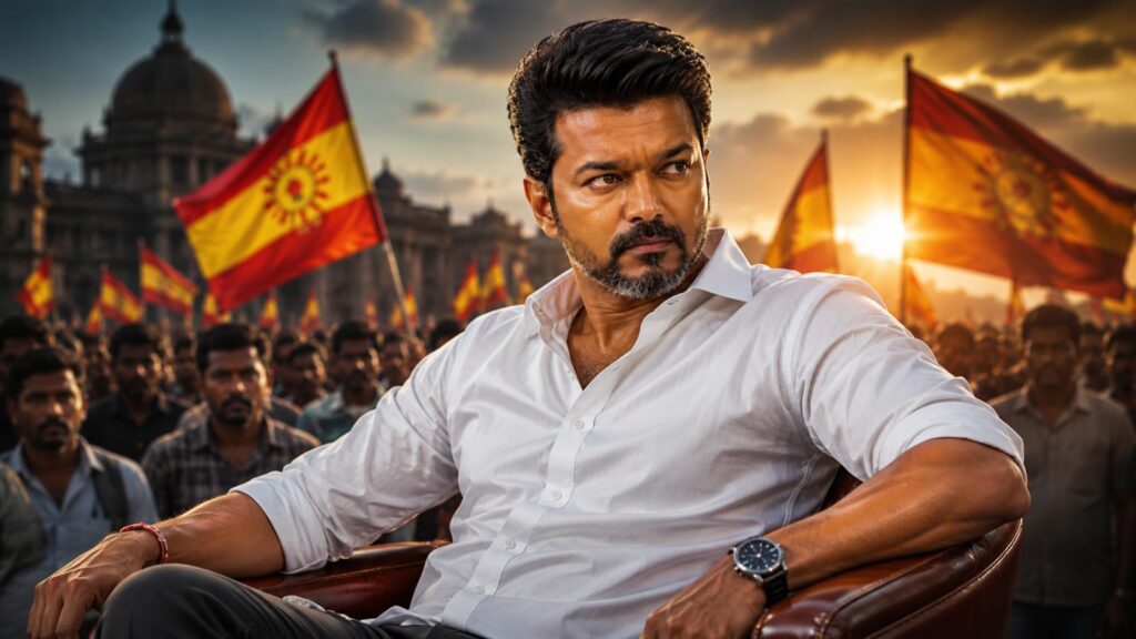 Alt Text: Thalapathy Vijay in a powerful political look from Jana Nayagan movie