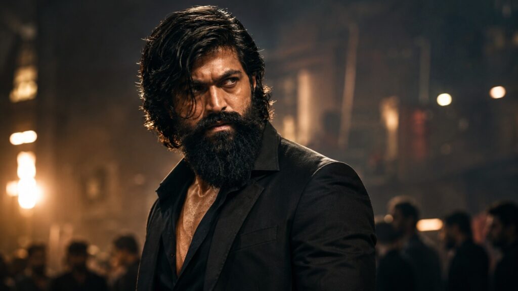 Toxic movie Yash rugged bearded look in dark cinematic setting