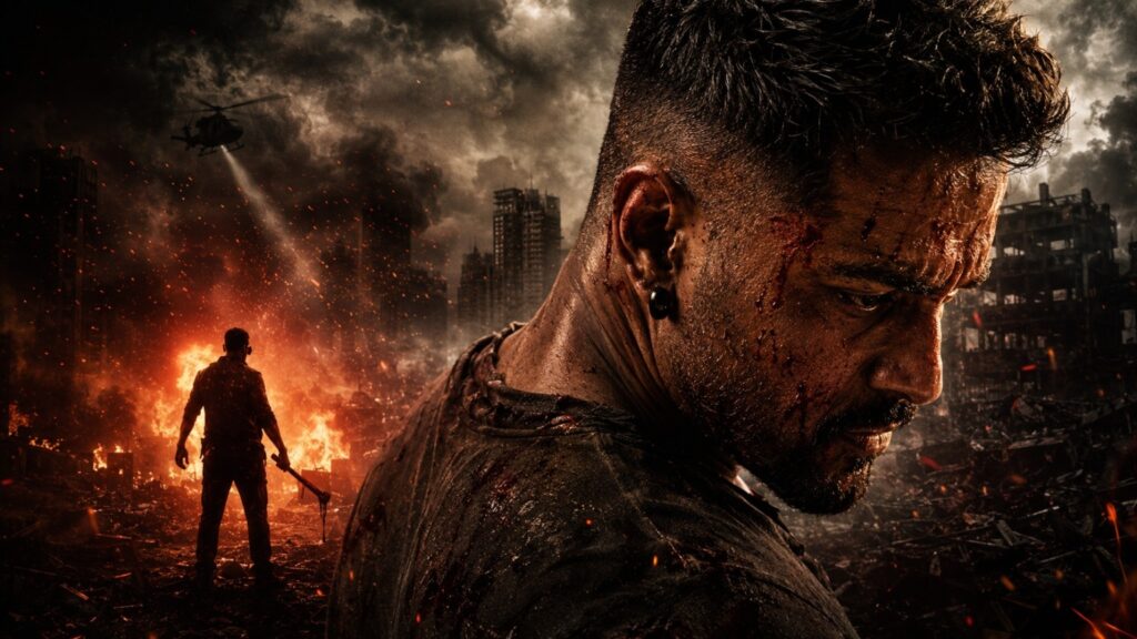 Toxic movie Yash intense close-up with destroyed city and fire