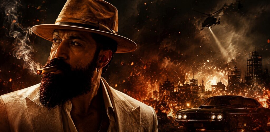 Toxic movie Yash bearded look with hat, cigar and burning city