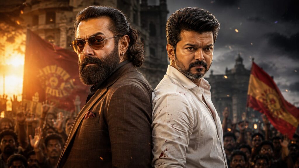 Alt Text: Thalapathy Vijay and Bobby Deol intense face off from Jana Nayagan