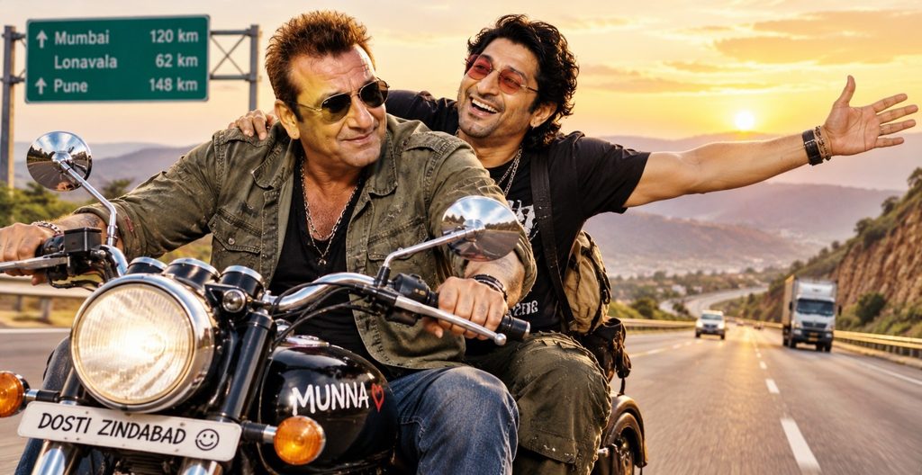 Sanjay Dutt and Arshad Warsi riding a motorcycle together on a scenic highway at sunset Munna Bhai 3