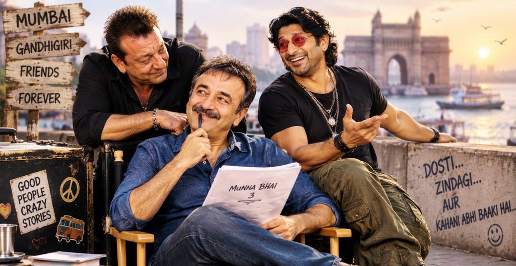 Sanjay Dutt, Arshad Warsi and Rajkumar Hirani in a cinematic Munna Bhai 3 setting