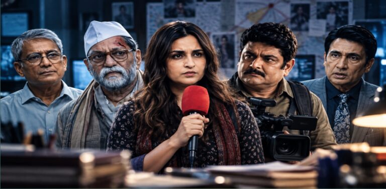 Reporting Live movie scene featuring a journalist holding a red microphone with supporting cast members in a newsroom.