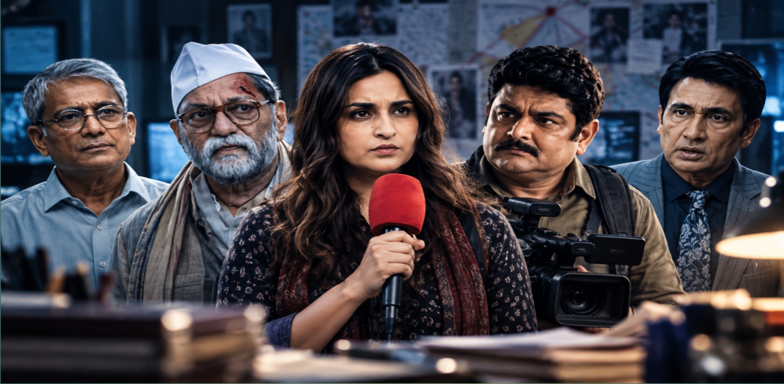 Reporting Live movie scene featuring a journalist holding a red microphone with supporting cast members in a newsroom.