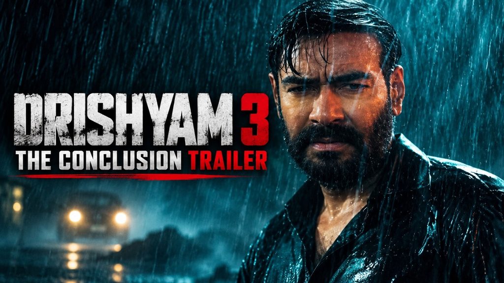 Drishyam 3 conclusion trailer featuring Ajay Devgn in a rain-soaked scene
