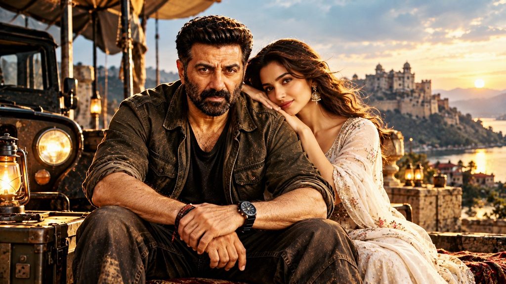 Sunny Deol with heroine in Suryaa at a scenic sunset location