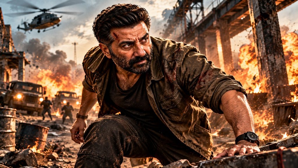 Sunny Deol in Suryaa in an intense action scene with fire and explosions