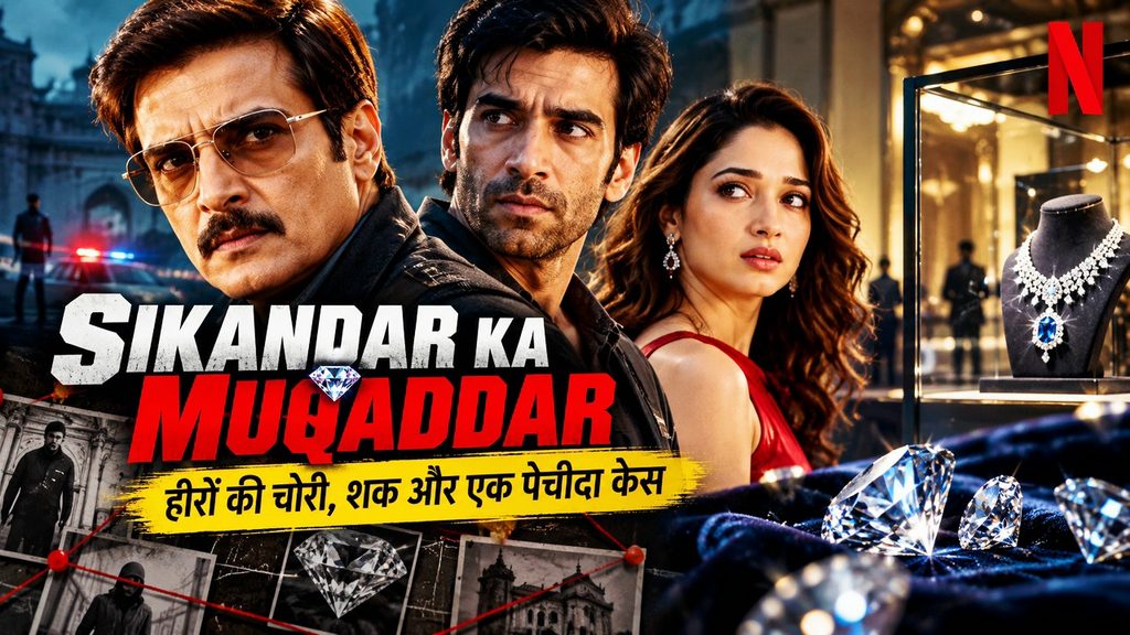 Sikandar Ka Muqaddar Netflix movie poster featuring Jimmy Shergill, Avinash Tiwary and Tamannaah Bhatia, diamond heist mystery and crime investigation.
