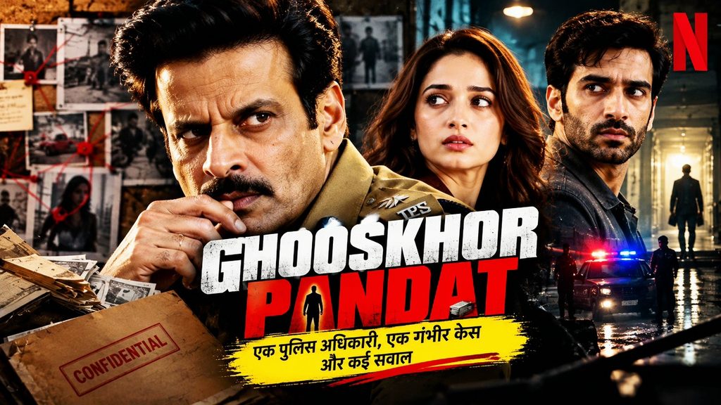 Ghooskhor Pandat crime thriller poster featuring Manoj Bajpayee, police investigation and a mysterious case.