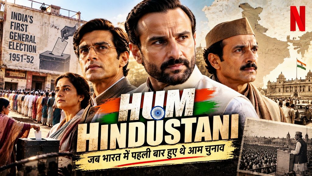 Hum Hindustani Netflix movie poster featuring Saif Ali Khan, Pratik Gandhi and Deepak Dobriyal, based on India's first general election.