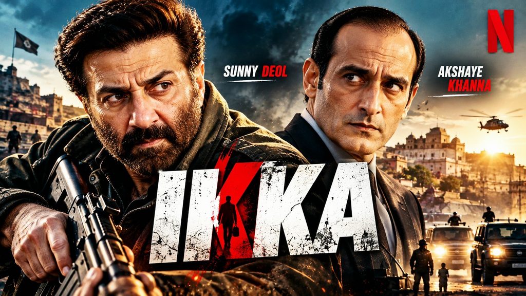Ikka Netflix movie poster featuring Sunny Deol and Akshaye Khanna in an intense cinematic face-off.