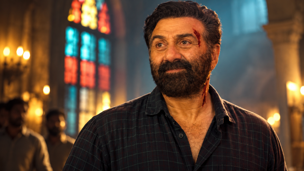 Sunny Deol की Suryaa फिल्म का सिनेमैटिक पोस्टर, जिसमें उनका दमदार और गंभीर लुक नजर आ रहा है.
