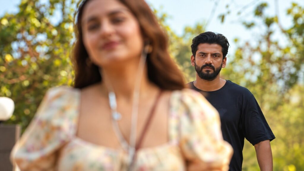 Tu Hai Meri Kiran से प्रेरित आउटडोर दृश्य, जिसमें महिला अग्रभूमि में और पुरुष पीछे दिखाई दे रहा है।